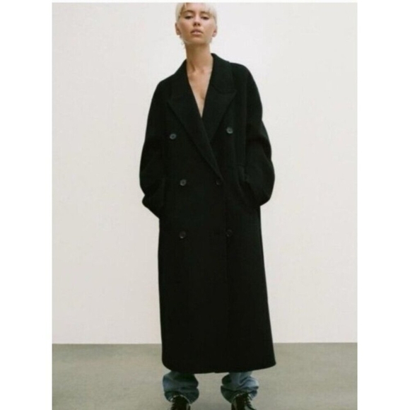 ZARA Double Faced Black Wool Blend Double Breasted Long Oversized Coat - Picture 8 of 13